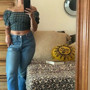 Madewell Green Plaid Off-Shoulder Blouse